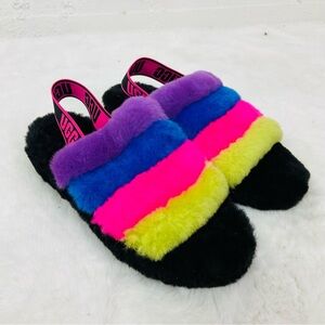 NWOT UGG sheepskin Fluff Yeah Slide in Black/Taffy Pink Multi" colorway SZ 8